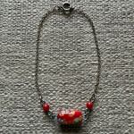 Silver bracelet red floral rectangle bead two small red beads and lobster claw Photo 1