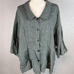 Flax  Womens Button Up Top L Large Green 100% Linen 3/4 Wide Sleeve Minimalist Photo 0