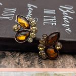 Vintage Amber Topaz Butterfly Earrings • Rhinestone Antique Copper Studs Brown Photo 3
