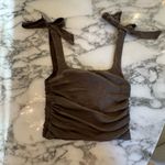 Free People NWOT  Boulevard Tank Top S Crop Shoulder Bow Tie Ruched Green Boho Photo 5