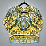 Haute Hippie Style Linen Blend Boho Paisley Patchwork Print Top Green Blue M Photo 1