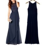Adrianna Papell Formal Lace Maxi Dress Flowy Chiffon Sleeveless Navy Blue US 2 Photo 0