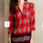 Maeve Anthropologie  Woodland Walk Buttondown red aztec ikat boho blouse size 2 Photo 0