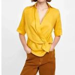ZARA Woman Mustard Yellow Linen Front Twist Faux Wrap Top Casual Blouse Size S Photo 0