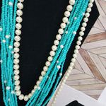 Statement Turquoise Seed Bead and Faux Pearl Necklace Cross Pendant Set Blue Photo 3