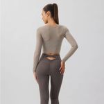 BERLOOK Khaki Cut Out Long Sleeve Light Support Top ONLY 75 Silver Photo 4