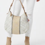 Jasper & Jeera Boho Fringe Beaded Cream Silver Striped Hobo Bag White Photo 0