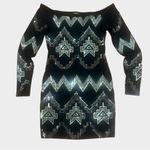EXPRESS Off the Shoulder Black and Gold Aztec Sequin Dress Photo 4