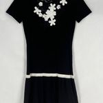 Leo Guy Elegant Black & White Floral Appliqué Short Sleeve Drop Waist Midi Dress Size XS Photo 0
