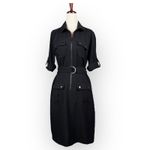 Sharagano Black Front Zip Dress with Cinch Waist Belt Cuffed Sleeves Size 4 Photo 3