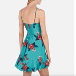 EXPRESS  Floral Square Neck Ruffle Wrap Dress Teal Blue Pink Boho Mini Fit Flare Photo 3