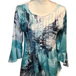 Women's Teal and White Blouse size‎ medium pleated 3/4 sleeve Blue Photo 0