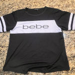 BEBE SPORT Women's Large White/White Mesh‎ Top Shirt Short Sleeve Logo Black Photo 0