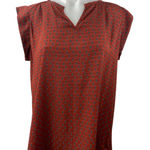 Pleione  Women's Red Floral Drop Sleeve Pleated Back Notch Neck Blouse Top Size M Photo 0