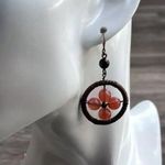 Vintage Red Agate/Wood Western Aztec Dangle Flower Round Earrings Wire Wrapped Pink Photo 0