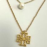 Tory Burch New  Britten Gold Tone Double Strand Layered, Logo with Pearl Charm Photo 2