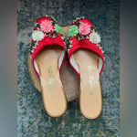 Vintage satin sequined floral evening mules, size 6 Red Photo 3