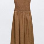 ZARA NWT brown smocked halter neck ruched stretchy contrasting midi dress Photo 0