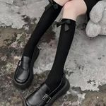 Gothic Bow Decor Calf Stockings, Emo Boho Style Slim grunge Knee High Socks Black Photo 5