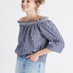 Madewell  Smocked Gingham Off Shoulder Top Blue White size XL NEW Photo 3
