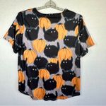 Halloween Novelty Top Womens 2X Orange Black Cats Pumpkins Short Sleeve Stretch Photo 2