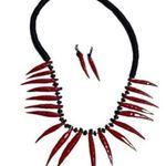 Wood Red Hot Chili Pepper Statement Necklace & Dangle Earrings Jewelry Set Vtg Photo 0
