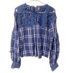 Free People Size Small Darling Diane Lace Top Blue White Flannel Plaid Photo 1