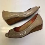 Cole Haan  Open Toe Wedge Patent Leather Shoes | 8B Tan Neutral Peep Toe Photo 3