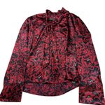 Kasper  Women's Red Black Floral Print‎ Button Down Tie Neck Blouse Shirt Size 12 Photo 0