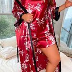 Red and Black sateen sleep shorts and Cami + Kimono Robe with Floral Pri… Size XXL Photo 0
