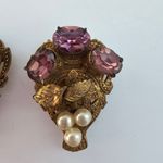 Antique Gold Tone Metal Purple Rhinestones Faux Pearl Dress Clips Photo 2