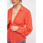 Free People Colette Printed Buttondown Top Small Red Babydoll Longsleeve Floral Photo 2