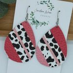 Handmade Lightweight Genuine Leather Animal Print with Pink Stripes Teardrop Earrings Photo 0