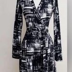 Calvin Klein  Wrap Mini Dress Collared V Neck Black White Print sz 4 Photo 1