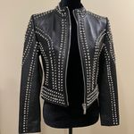 Genuine Leather Studded Crop Jacket Coat Blazer Cardigan Parka Slim Fit Rhinestones Black Size M Photo 1