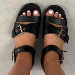 Elegant Black Sandals with Gold Accents Size 9 Photo 0