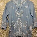 Vintage Blue Button Down Shirt with White butterfly Embroidery small euc Photo 2