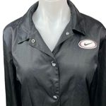 Nike Women's Black Silk Satin Button Down Embroidered Logo Bomber Jacket Top S Photo 2