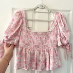 WAYF Terry Top Floral Print Puff Sleeve Peplum Top in Pink Mini Roses Photo 6