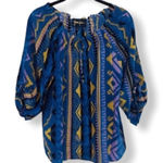 Yumi Kim 100% Silk Geometric Peasant Blouse Blue Mustard Print Size S Photo 0