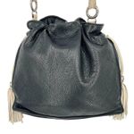 Brighton Black Leather Bucket Slouch Bag White Tassels Silver Charms Photo 9