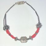 Silver Tone & Red Beaded Floral Tribal Design Boho Seed Bead Bracelet Photo 1