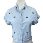 ZARA  Women's Basic Blue Beaded Rhinestone Chambray Button Down Shirt Top Size XS Photo 0