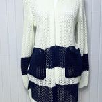 POL  Cream and Navy Blue Cardigan‎ Sweater with Hoodie Bold Stripes Size S Photo 0