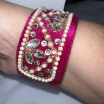 Vintage Velvet Rhinestone and Faux Pearl Cuff Bracelet Pink Photo 2