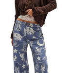 Free People NWT  Seaside Pull On Pants Indigo Rodeo Time Western Boho Wide Leg S Photo 0