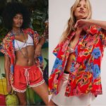 Free People Oversized Floral Tropical Retro Tropics Palm Dad Shirt Top Red XL Photo 1