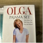 Olga Pajama Set Womens Medium Green Solid Short Sleeve Shirt Striped Satin Pants Photo 2