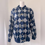 Vintage ‘80s Graff Californiawear Navy Blue & Gray Argyle Print Cardigan Sweater Size M Photo 1