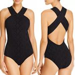 Shoshanna Black Embossed Stretch Eyelet High Neck One Piece Swimsuit Zero 0 XS Photo 1